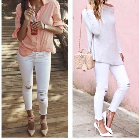 J Brand Cropped Low Rise Jeans 9326 White Distressed Cotton Skinny Raw Hem 31 - Picture 2 of 16